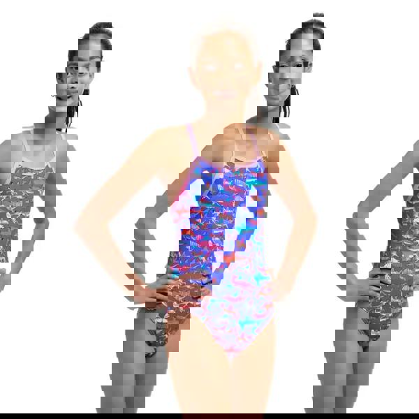 Funkita girls doggie paddle single strap swimsuit in purple multi with dino print