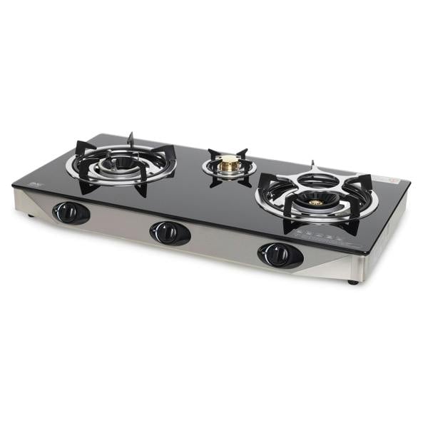 Three-burner portable gas hob on a white background