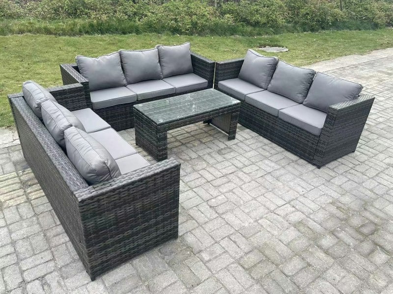 Fimous Outdoor 3 PC Three Seater Ssofa Rattan Garden Furniture Lounge Sofa Set With Oblong Rectagular Coffee Table