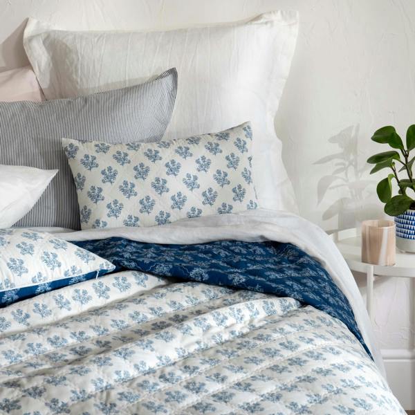 Midnight Blue Reversible Floral Print Bedspread - white, bedroom detail | Soak and Sleep