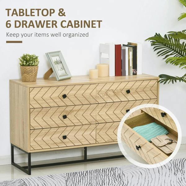 Natural wood 6-drawer dresser with zigzag front and black handles, on a black metal leg base.