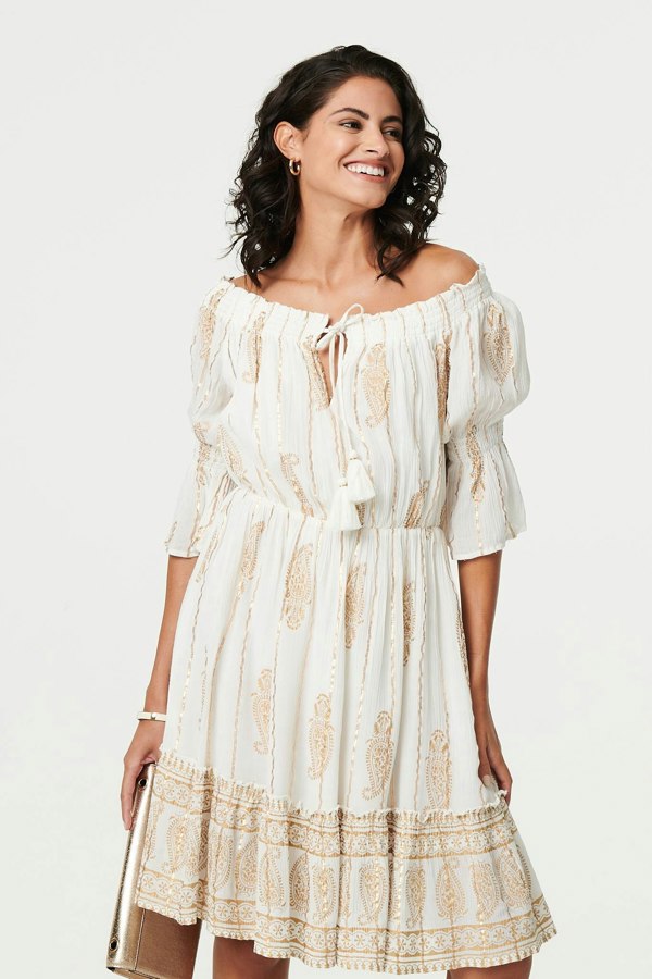 Cream | Ikat Print Knee Length Bardot Dress
