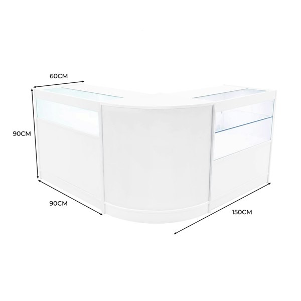 Curved white Adonis LED shop counter set featuring glass display sections, sleek design, and dimensions of 150cm x 90cm x 60cm