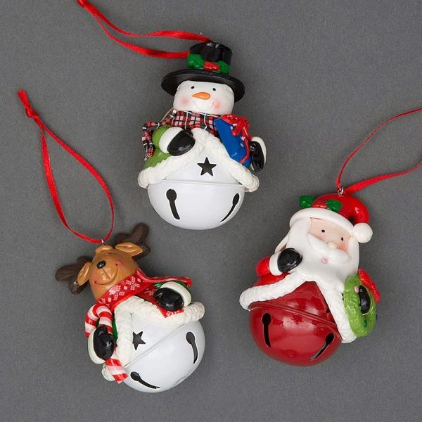 12pc Christmas Hanging Decorations Santa, Snowman and Reindeer Ceramic Set with Bells and Ribbons image 1