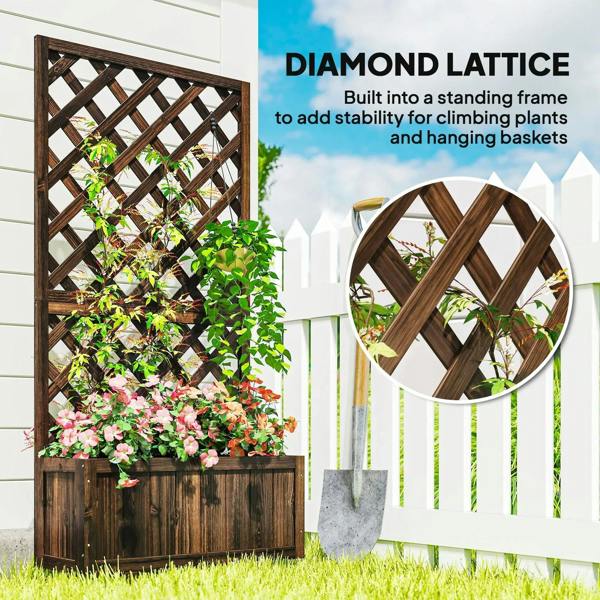 Carbonized wood garden planter with diamond lattice trellis for climbing plants and baskets