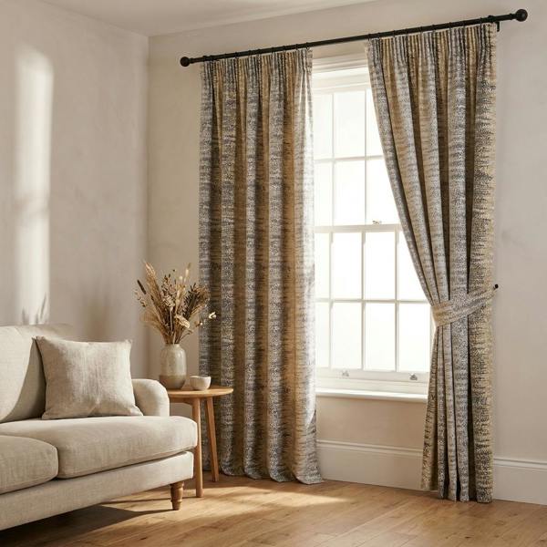 Highbury made-to-measure curtains in Ochre, styled in a living room
