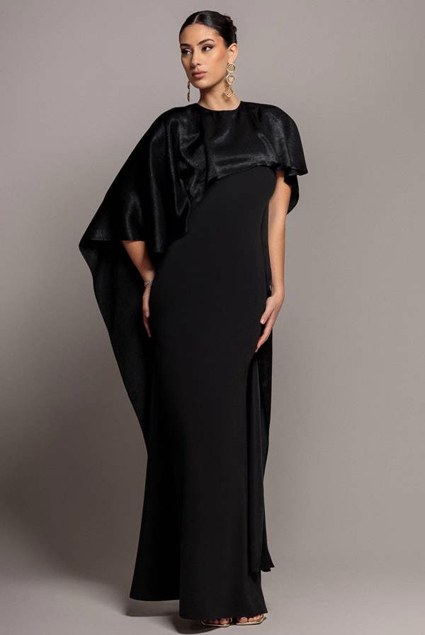 Goddiva Scoop Neck Velvet Satin Cape Sleeve Maxi Dress - Black DR5074