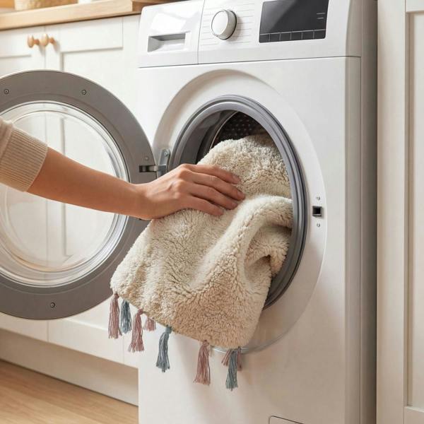 Person placing a fluffy towel into a washing machine in a kitchen.