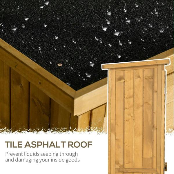 Wooden storage shed with asphalt roof panel and open doorway, light wood