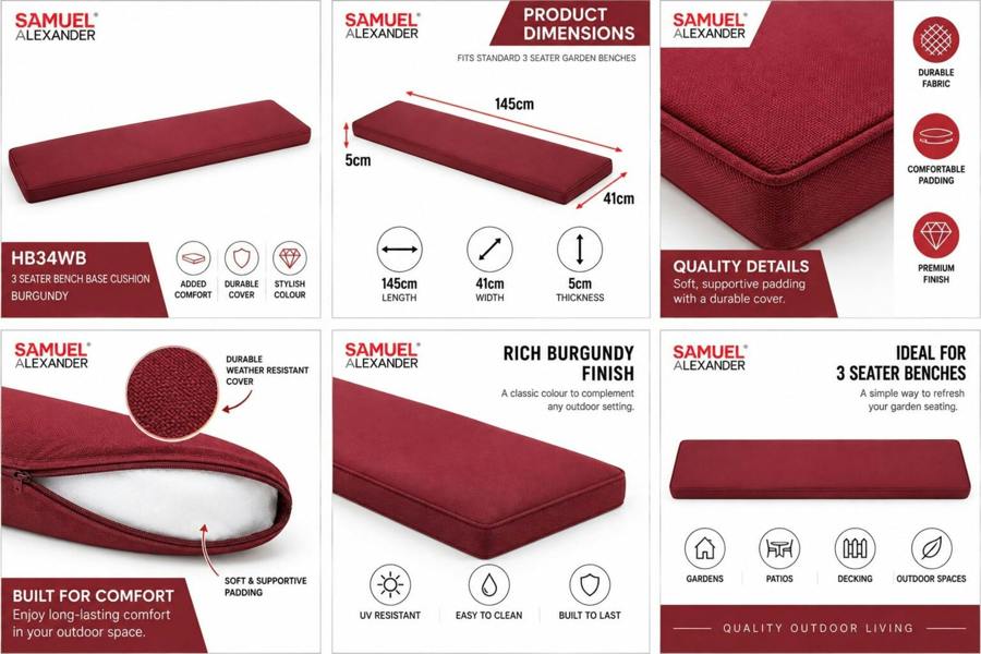 Samuel Alexander Charles Taylor Burgundy Waterproof Three Seater Base Cushion for wooden furniture