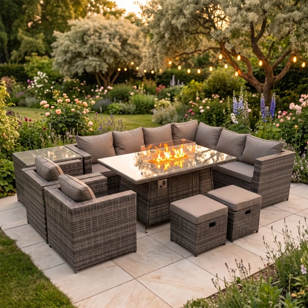 Fimous Garden Rattan Furniture Set 10 Seater Outdoor Corner Sofa Chair Gas Fire Pit Dining Table Set with 2 Small Stools Side Table Dark Grey