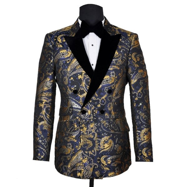 David WeJ Kensington Double Breasted Peak Lapel Jacquard - Blue Gold