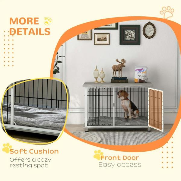 Dog crate furniture with soft grey cushion, front door, and open side for easy access