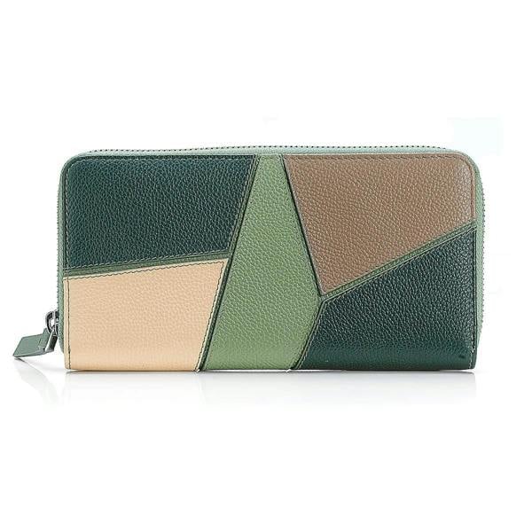 Pia Colour Block Leather Purse, Sage Green & Taupe Wallet with 12 Card
