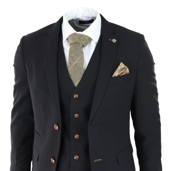 Paul Andrew Mens Black 3 piece Suit Brown Trim Classic Birdseye Vintage Wedding Grooms