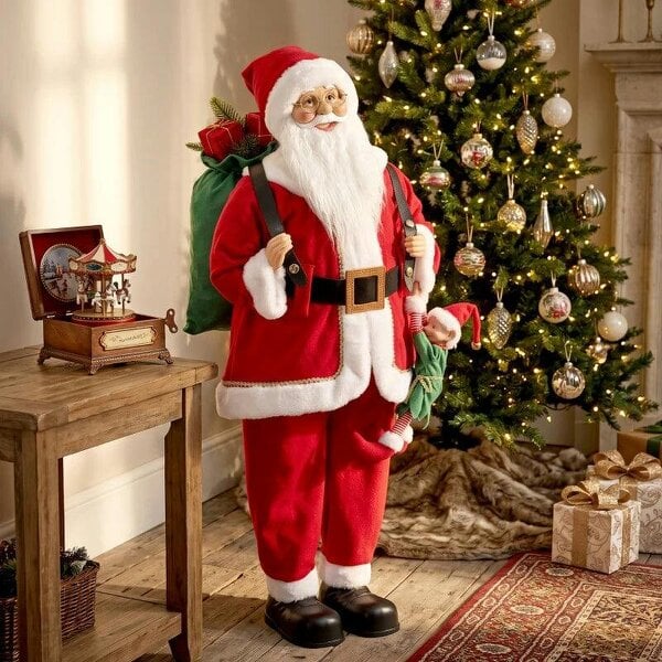 Bobobiy 4ft Singing Dancing Santa Claus, Standing Christmas Animated Santa Figure with Sack, Hanging Elf, Sound/Touch Activated - Red