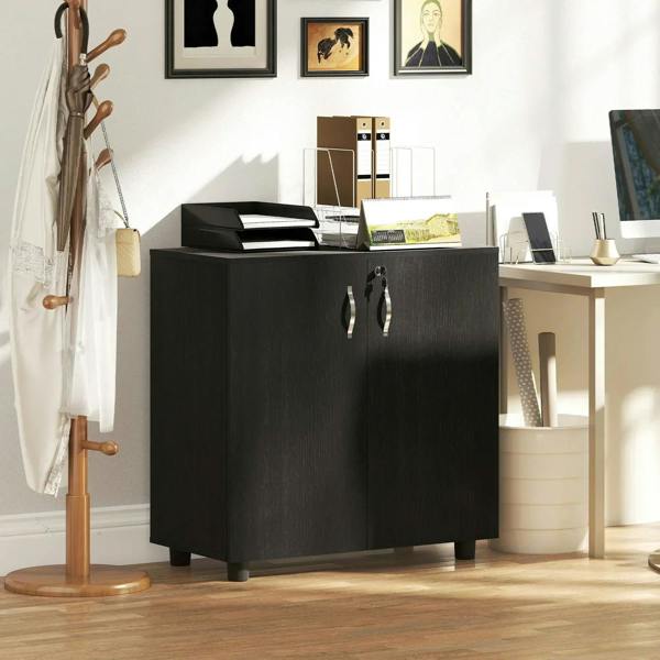 Black office cabinet with double doors, metal handles, and dark wood-grain finish