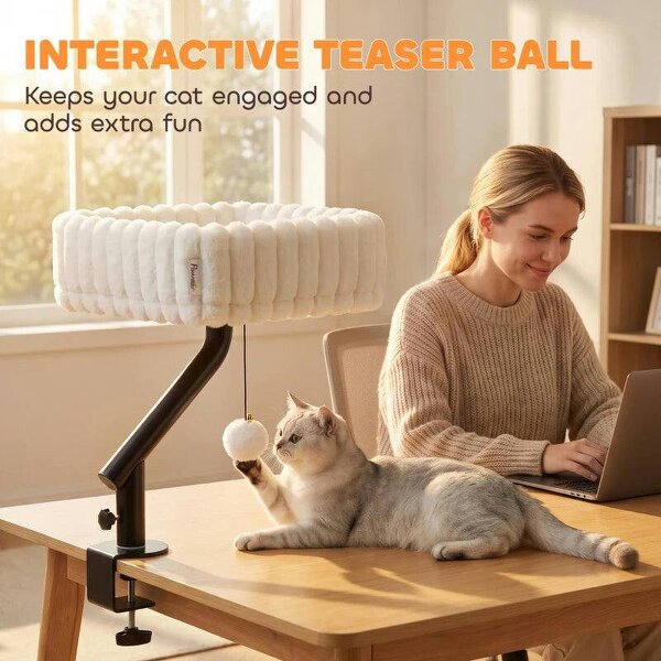 Cat Desk Bed, Rotatable Raised Cat House for Desk, Window, Soft Kitten Hammock with Hanging Ball, White