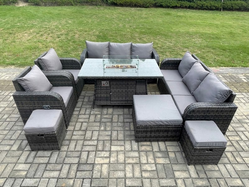 Fimous Rattan Outdoor Garden Furniture Set with Gas Fire Pit Dining Table, 2 Chairs,  2 Sofas, 3 Footstools - 11 Seater - Dark Grey