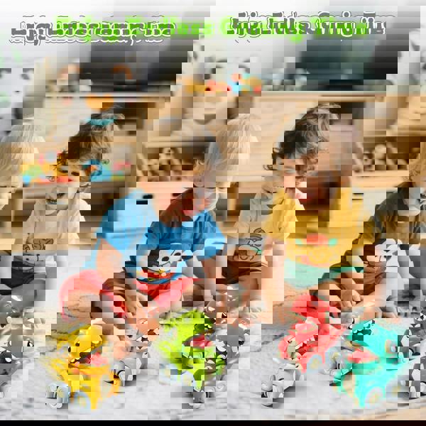 deAO Push & Go Dinosaur Car Toy Set - 4PCS Mini Pull-Back Dino Vehicles for Toddlers Ages 3+