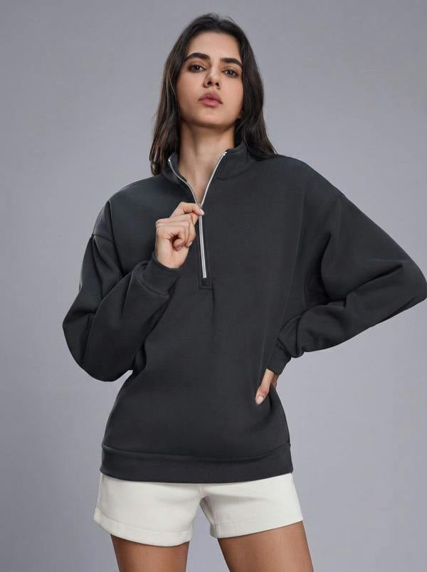 Anniou Fleece Lined Quarter Zip Pullover - Dark Grey