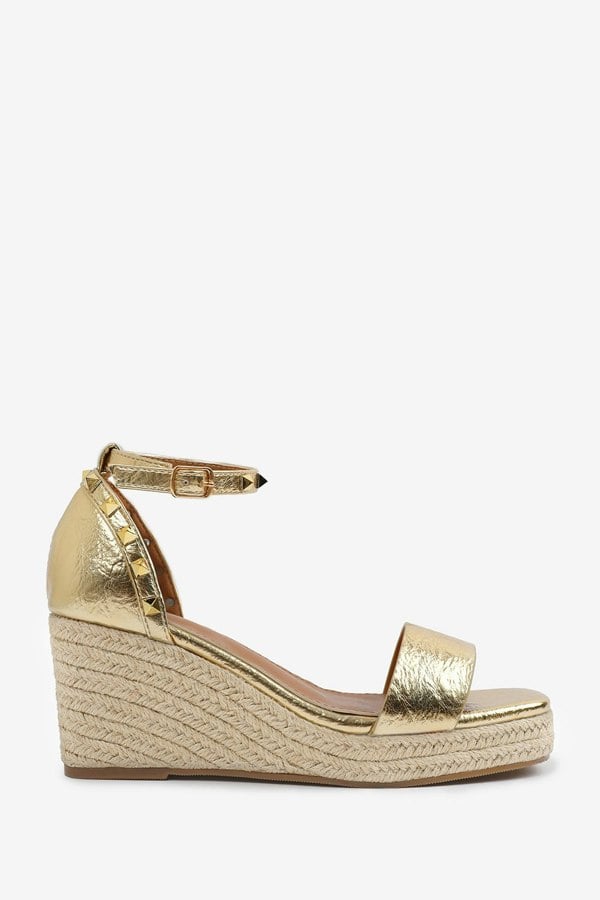 Where's That From Presley Wedge Sandals With Gladiator  Ankle Strap in Gold Crease Pu