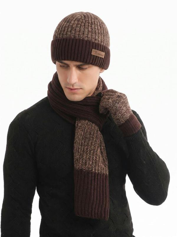 Anniou Men Color Block Rib Knit Hat Scarf  Gloves Set - Brown