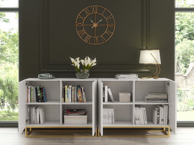 Mex Furniture Sophisticated White Sideboard with Fluted Fronts & Gold Legs – 200cm Storage Unit