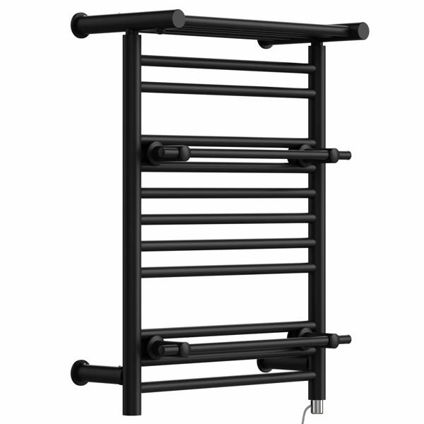 MYHOMEWARE 490mm Wide Electric Black Heated Towel Rail Radiator Top Shelf & Two Towel Holder OSLO For Bathroom - Standard Electric Element