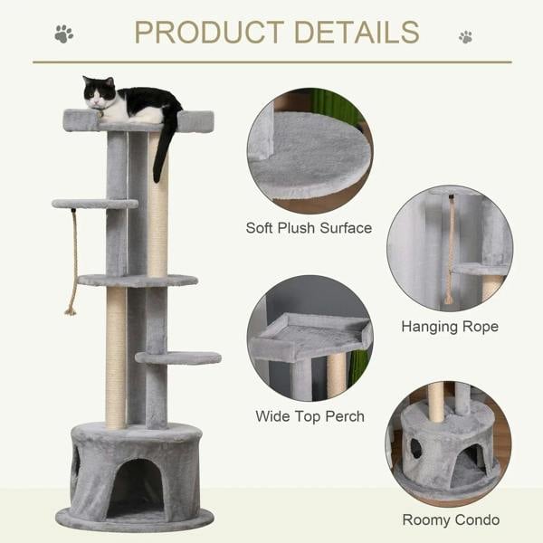 Grey cat tree details: soft plush surfaces, hanging rope, wide top perch