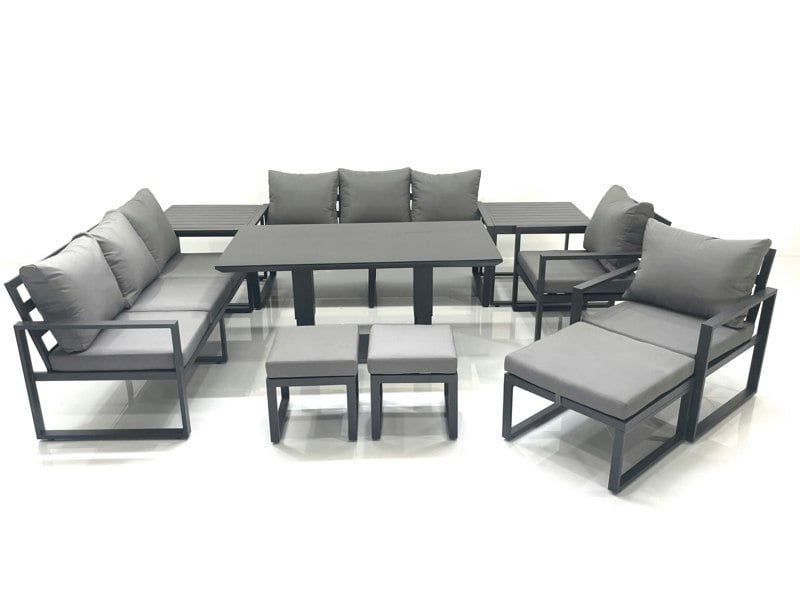 Fimous Garden Sofa Set Aluminium Furniture Rising Dining Tabe Set with 2 Chair 3 Footstools 2 Side Tables Dark Grey