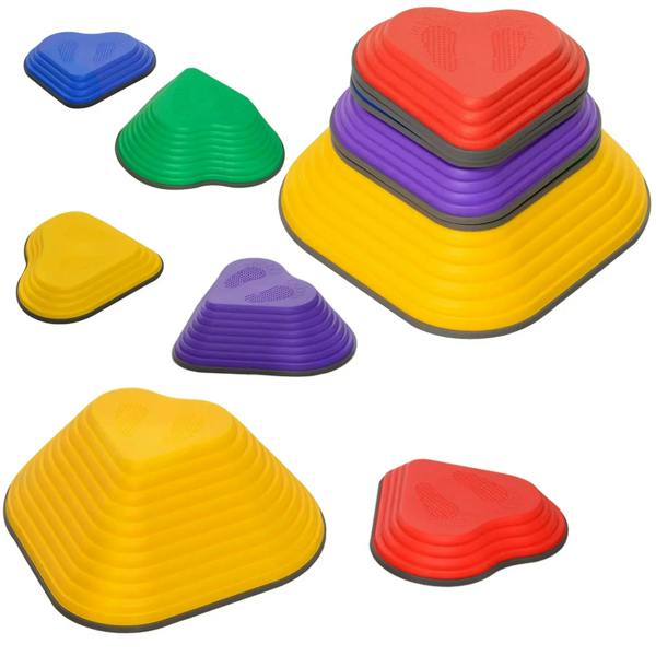 Multicoloured heart-shaped kids stepping stones, set of six foam pads in blue, green, yellow