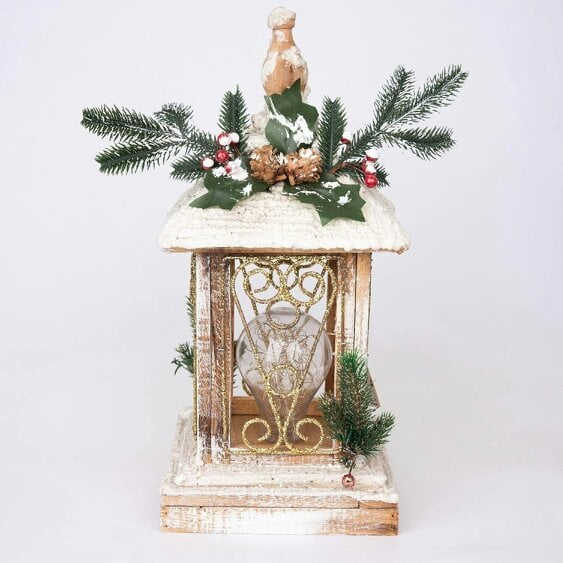 Shatchi 32cm White LED Wooden Lantern Standing Christmas Decoration with Snow-Covered Finish
