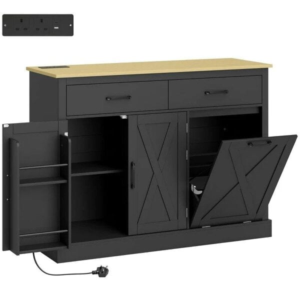 Tilt Out Trash Cabinet with Charging Station, Kitchen Island with Storage, 57 Liter Hidden Rubbish Bin Storage, Black