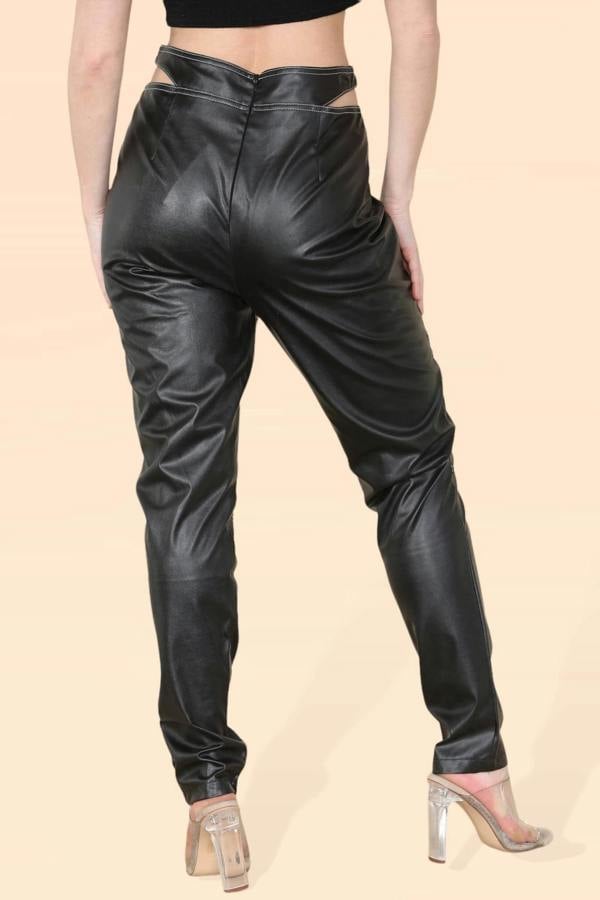 Women's Cut Out High Waist PU Biker Trousers - Sexy Leather Look Rider Pants with Elastic Waist, Modern Classic Vintage Streetwear - Elaina Fashion
