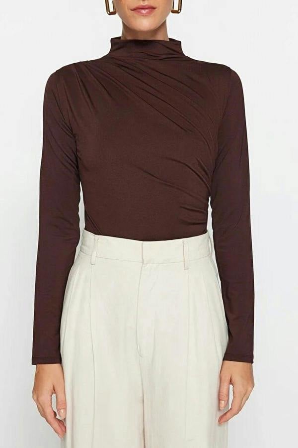 WOVCOR Stand Collar Knit Bodysuit with Gathered Detail