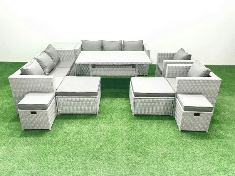 Fimous Rattan Garden Furniture Dining Set 12 Seater Lounge Sofa Chair Dining Table Set with 4 Footstools Side Table Light Grey Mixed