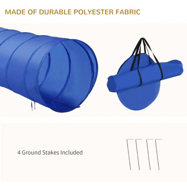 Blue fabric agility tunnel with carrying bag and four ground stakes