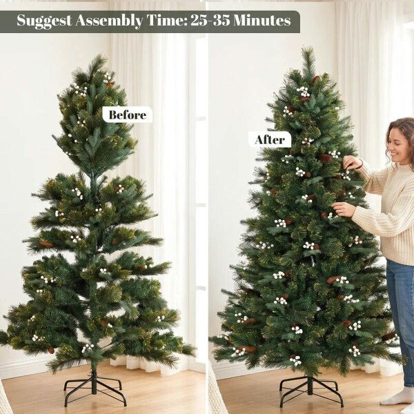 Bobobiy 6ft Artificial Christmas Tree, Fir Hinged Xmas Tree with 716 Branch Tips, Foldable Metal Stand, Easy Assembly, Green