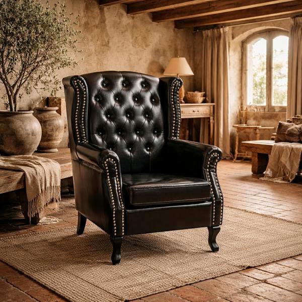 Wyld Haus Nana Bafa Black Wingback Accent Chair With Chesterfield Style Tufting And Nail Head Trim