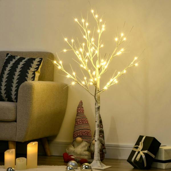 Dyzi 4ft Pre-Lit Artificial Birch Tree 72 Warm White LED Lights