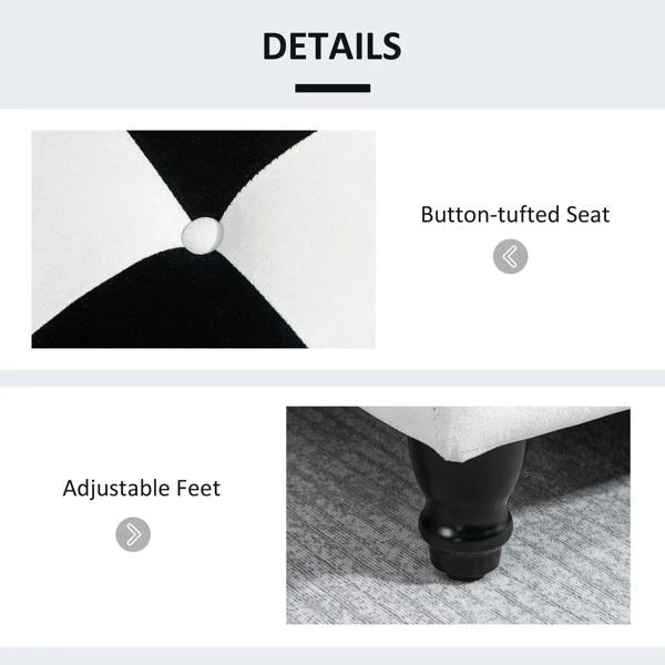 Button-tufted black-and-white checkered velvet storage ottoman with adjustable-looking feet.