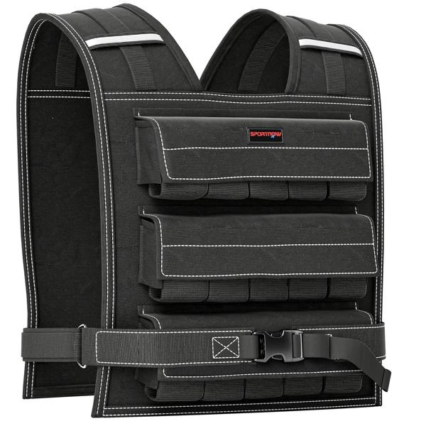 Black adjustable weighted vest with 30 metal weight pockets and reflective strips, front straps