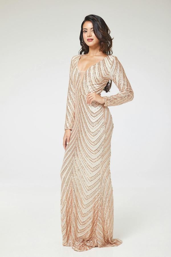 LuvForever Gold Long Sleeve Sequin Maxi Dress