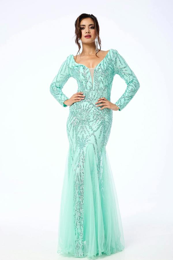 LuvForever Eliza - Mint Long Sleeve Sequin Maxi Dress