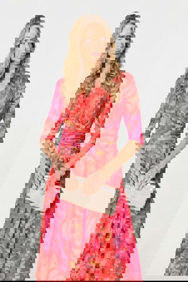 Orange | Floral Mesh Ruched Midi Faux Wrap Dress