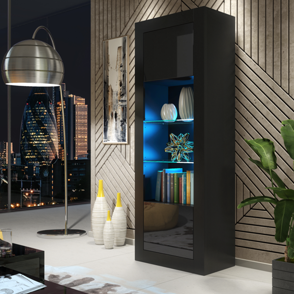 Mex Furniture 170cm Modern Display Cabinet – Black Gloss Doors with LED