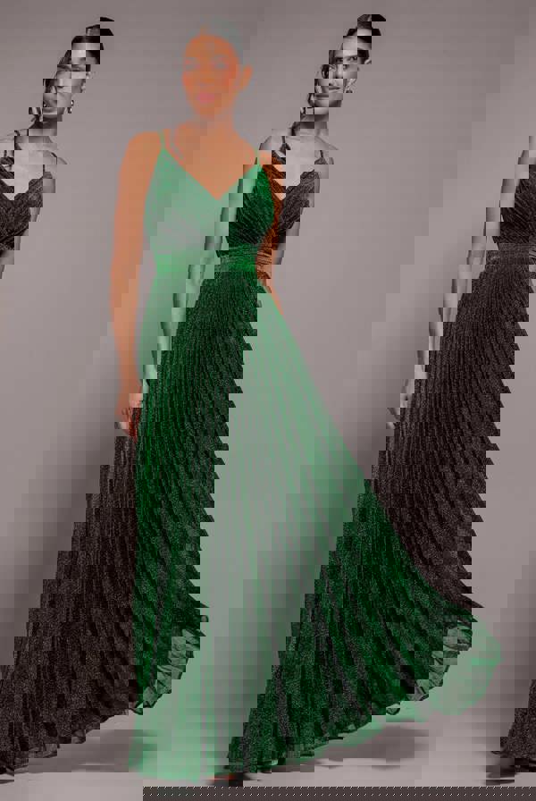 Sleeveless Pleated A Line Lurex Maxi Dress - Emerald Green DR4494