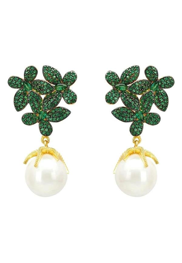 Flowers Baroque Pearl Earrings Emerald Green Gold - LATELITA Earrings