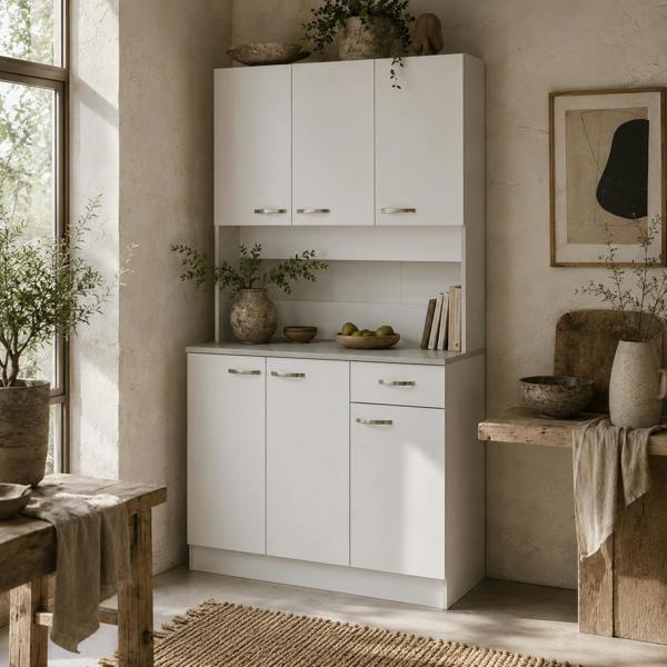 Wyld Haus Tovesu Wooden White Large Kitchen Cupboard With 6 Doors 1 Drawer 5 Shelves And Countertop